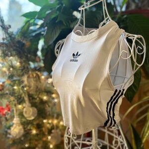 adidas White Crop Top with Black Stripes